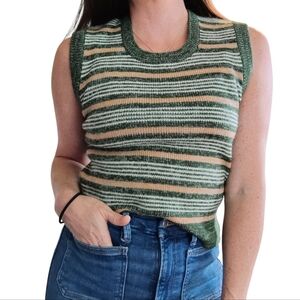 Vintage Sheridan Sweater Vest Top Womens S/M Green Beige Stripes Retro Granny